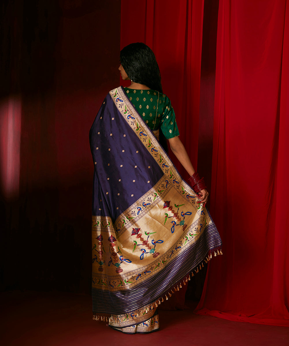 Handloom Ink Blue Pure Zari Kadhwa Banarasi Saree With Paithani Border And Palla