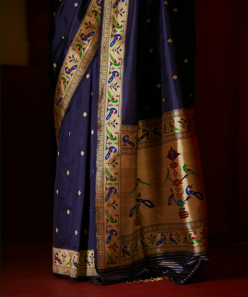 Handloom Ink Blue Pure Zari Kadhwa Banarasi Saree With Paithani Border And Palla