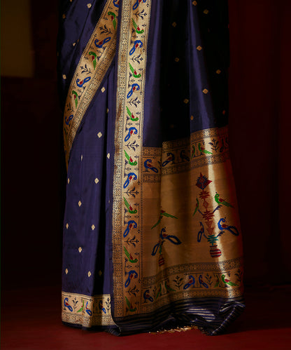 Handloom Ink Blue Pure Zari Kadhwa Banarasi Saree With Paithani Border And Palla