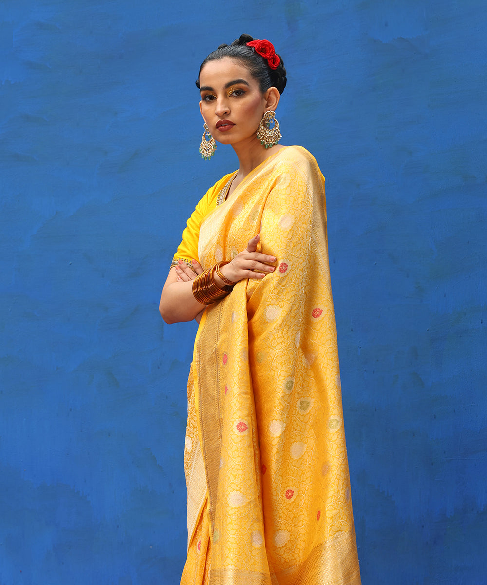Yellow Handloom Pure Katan Silk Kimkhab Banarasi Saree With Meenakari