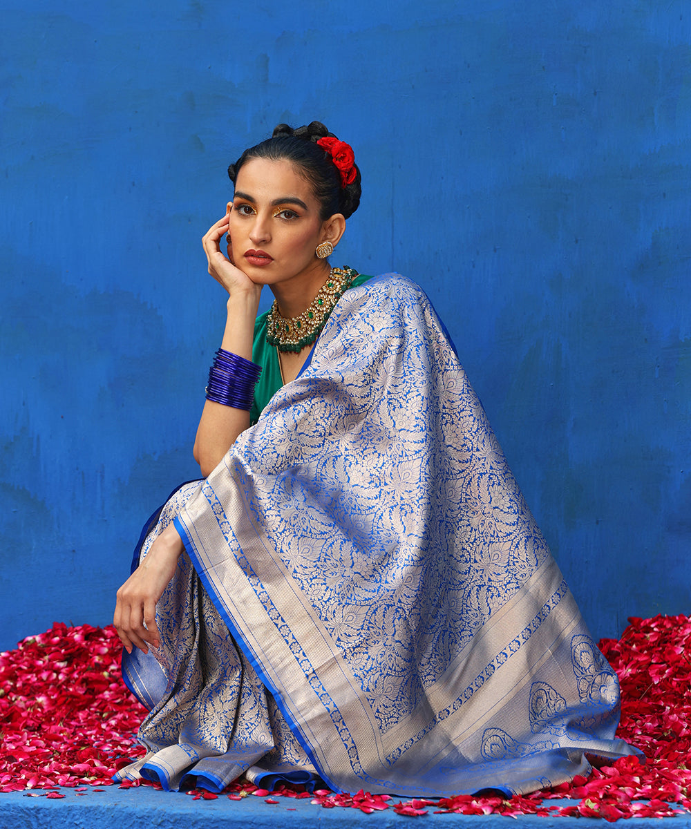 Electric Blue Handloom Pure Katan Silk Tanchoi Banarasi Saree