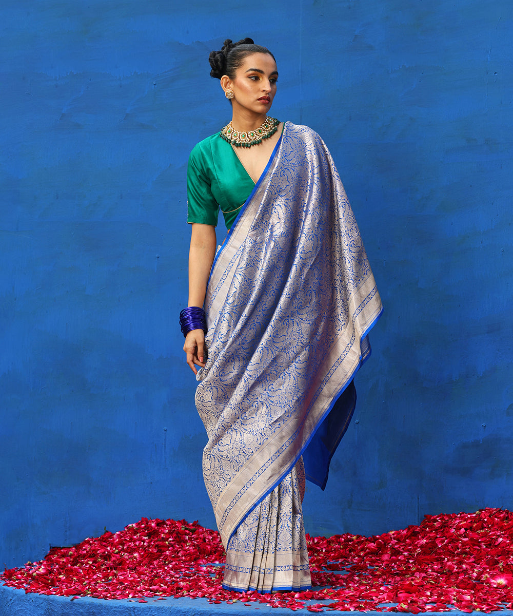 Electric Blue Handloom Pure Katan Silk Tanchoi Banarasi Saree