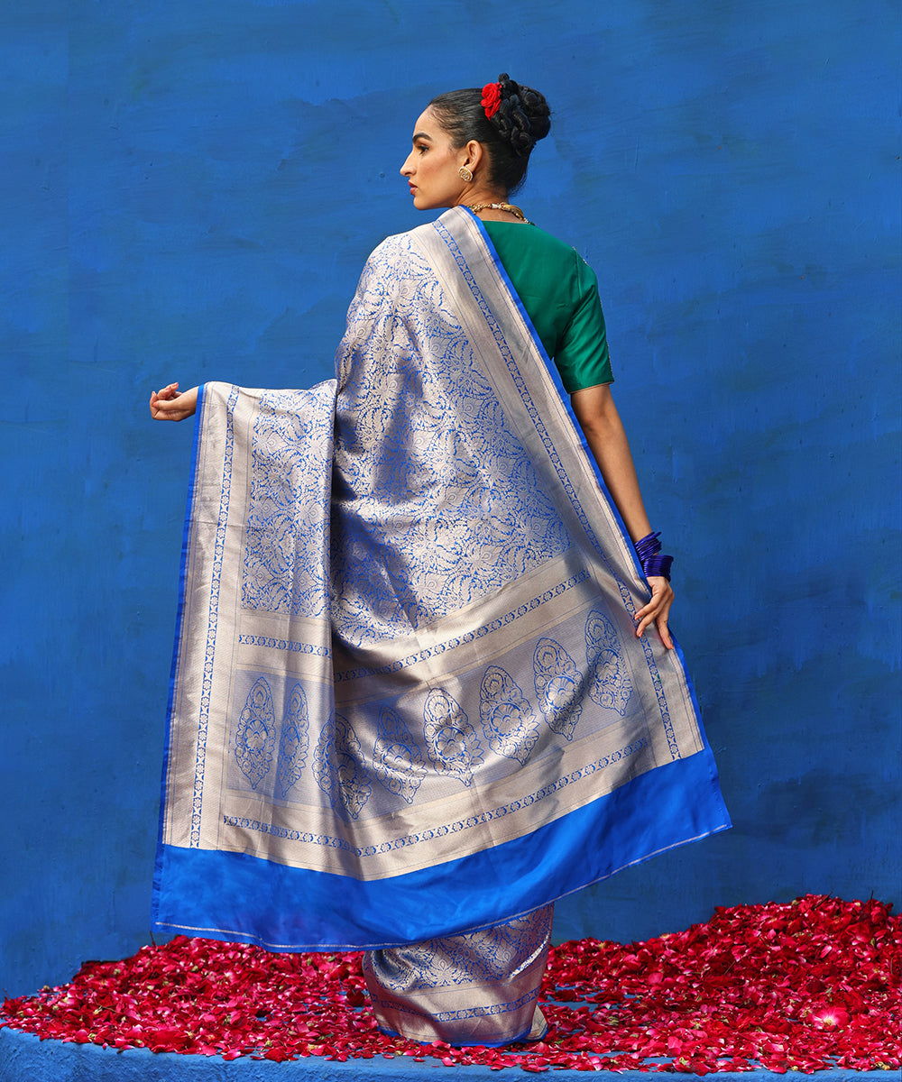 Electric Blue Handloom Pure Katan Silk Tanchoi Banarasi Saree