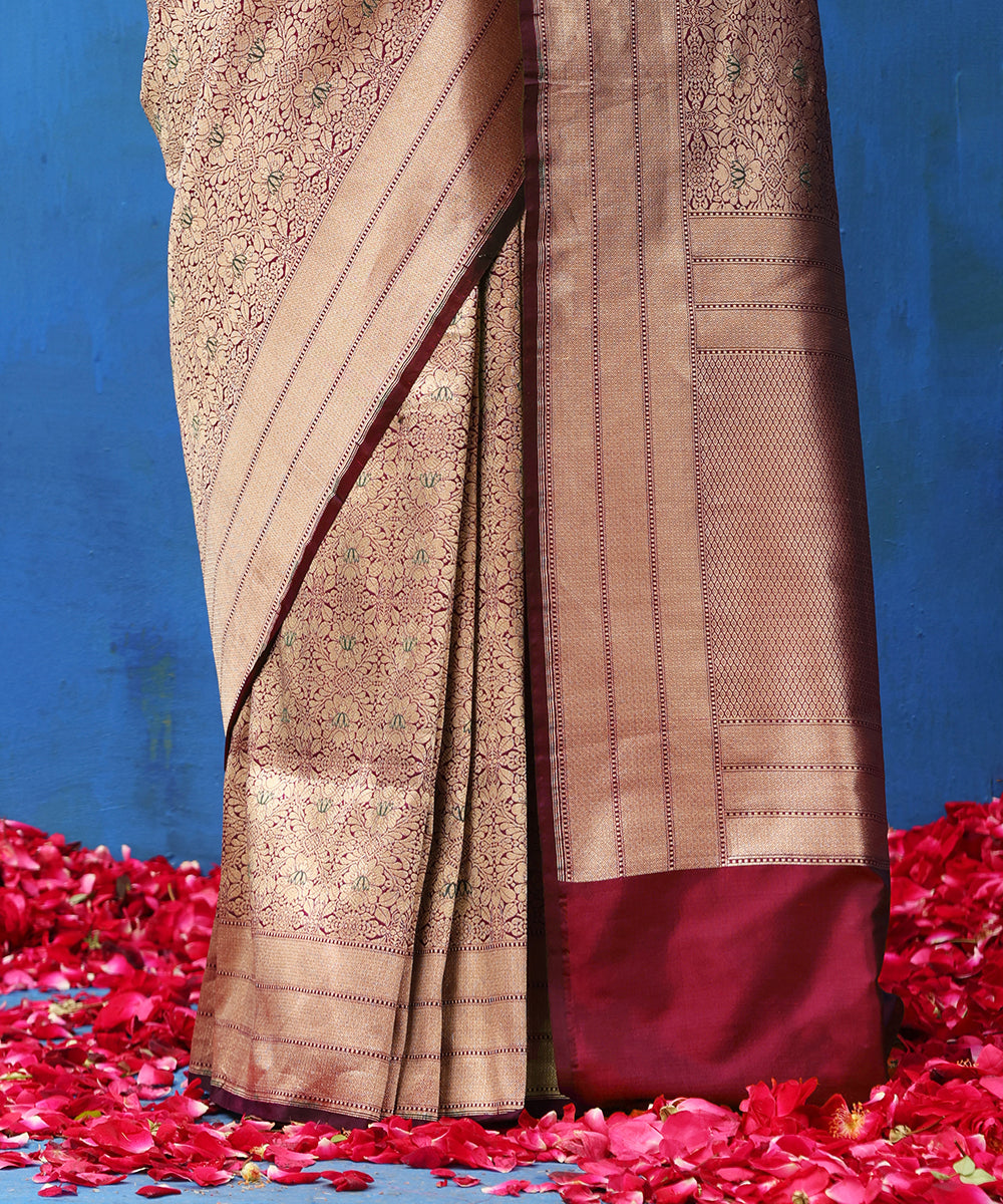 Handloom Wine And Gold Pure Katan Silk Kimkhab Banarasi Saree With Meenakari