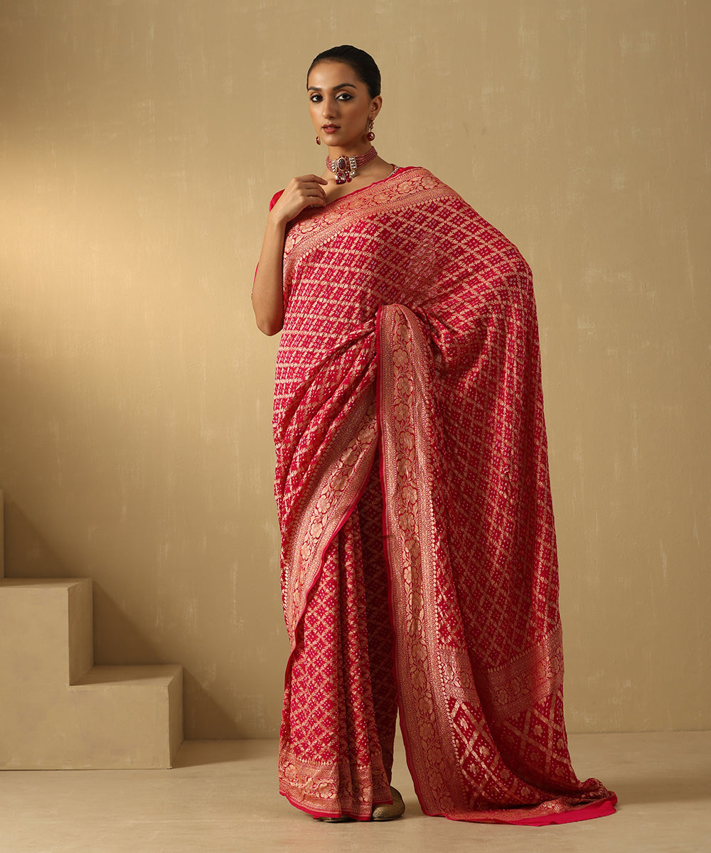 Rani Pink Handloom Pure Georgette Banarasi Bandhej Saree