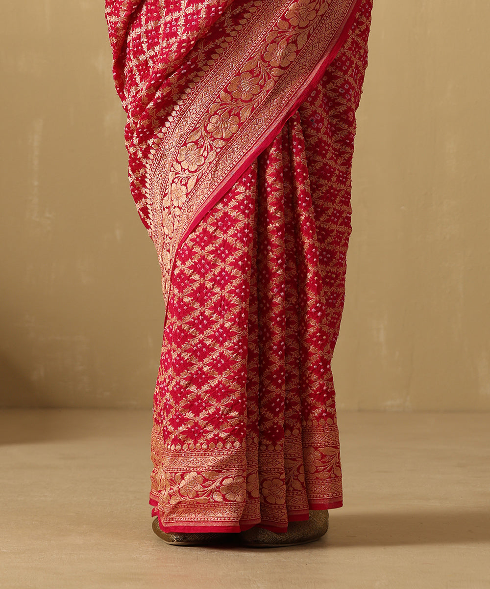 Rani Pink Handloom Pure Georgette Banarasi Bandhej Saree