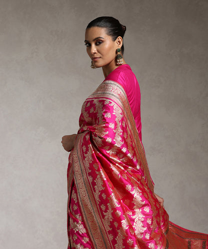 Hot_Pink_Handloom_Pure_Katan_Silk_Banarasi_Saree_With_Pure_Zari_And_Aada_Bel_WeaverStory_02