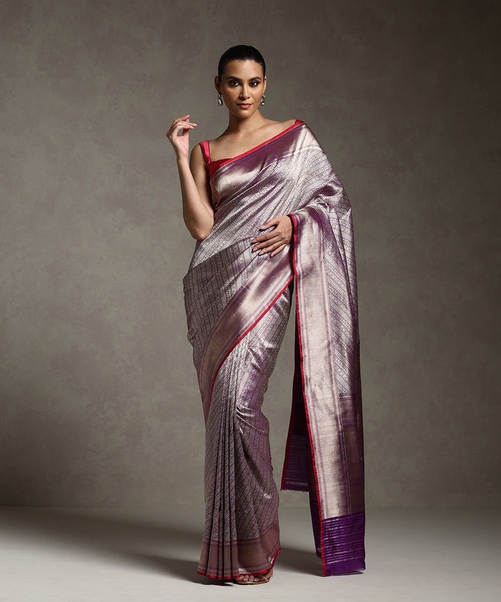 Purple Handloom Pure Katan Silk Banarasi Saree With Pink Selvedge And Tanchoi Weave