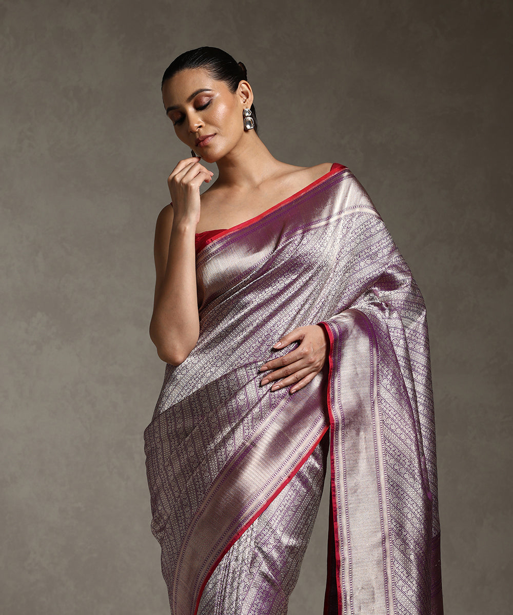 Purple Handloom Pure Katan Silk Banarasi Saree With Pink Selvedge And Tanchoi Weave