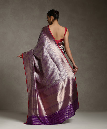 Purple Handloom Pure Katan Silk Banarasi Saree With Pink Selvedge And Tanchoi Weave