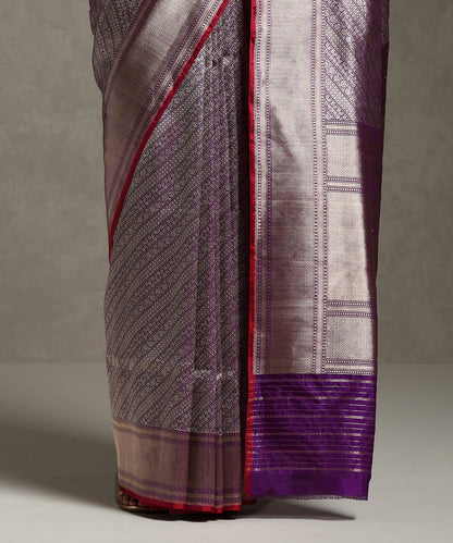 Purple Handloom Pure Katan Silk Banarasi Saree With Pink Selvedge And Tanchoi Weave