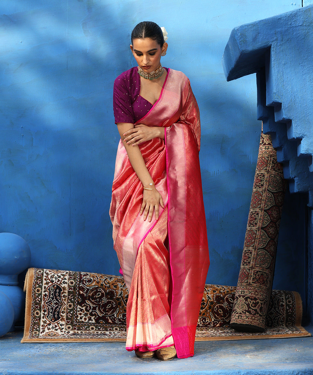Handloom Pink And Red Dual Tone Pure Katan Silk Zari Tanchoi Banarasi Saree