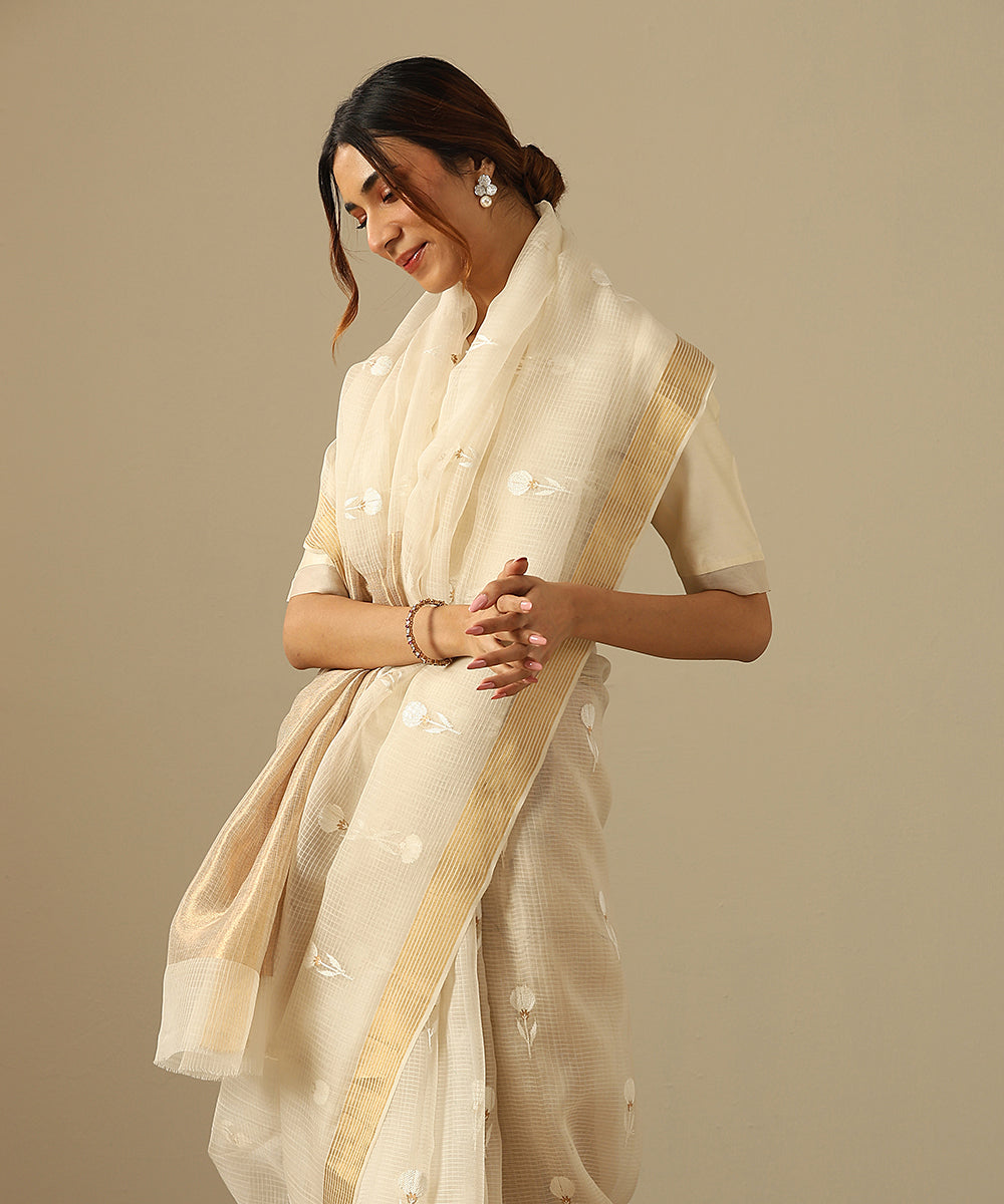 Handloom White Pure Kora Chanderi Saree With Self Stripes And Floral Motifs