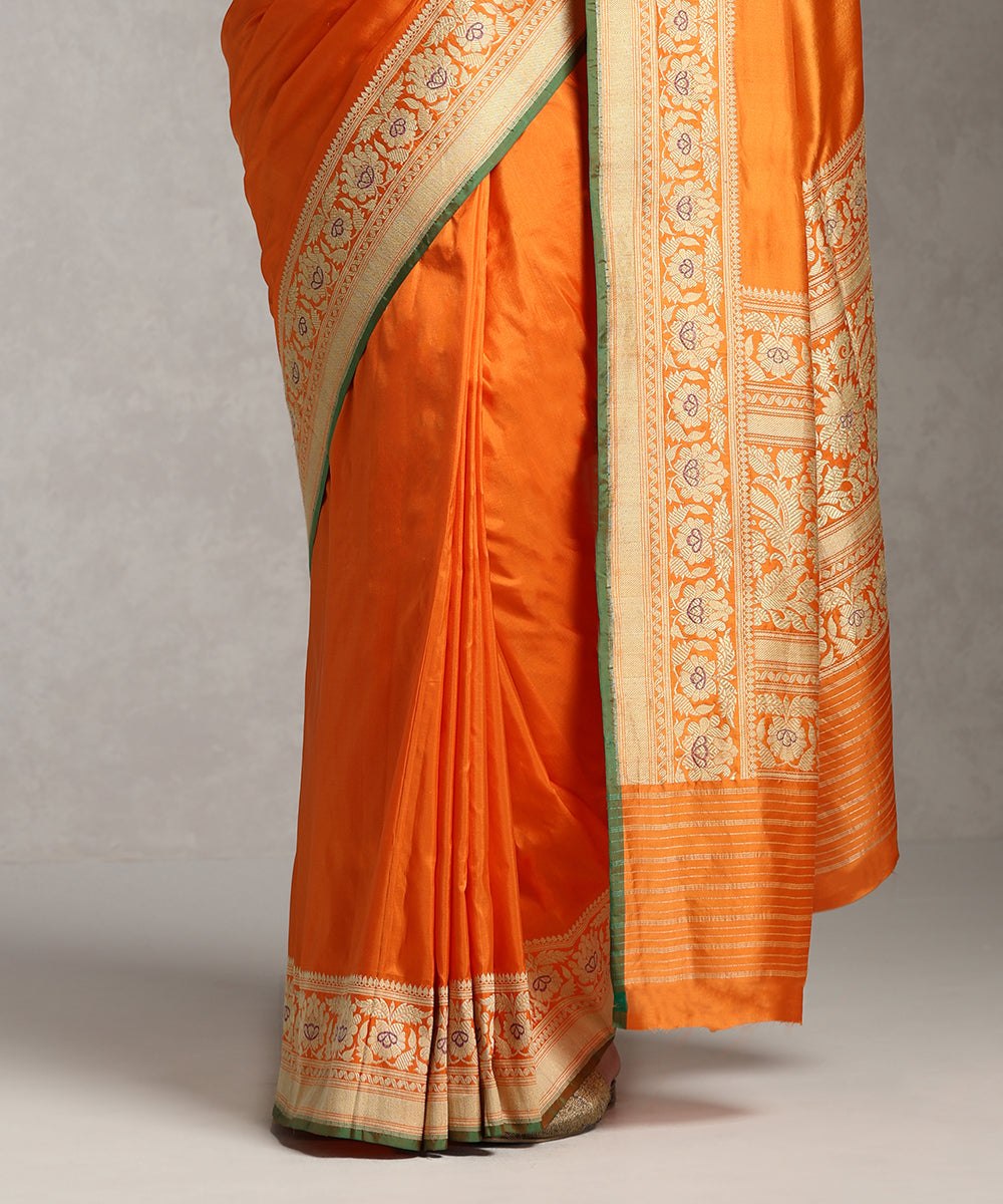 Orange_Handloom_Plain_Pure_Katan_Silk_Banarasi_Saree_With_Kadhwa_Meenakari_Border_WeaverStory_04