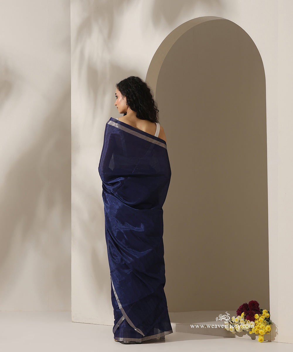 Blue_Handloom_Pure_Chanderi_Tissue_Saree_With_Silver_Zari_Border_WeaverStory_03