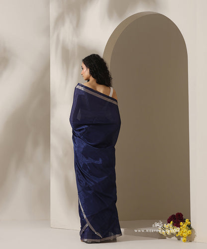Blue_Handloom_Pure_Chanderi_Tissue_Saree_With_Silver_Zari_Border_WeaverStory_03