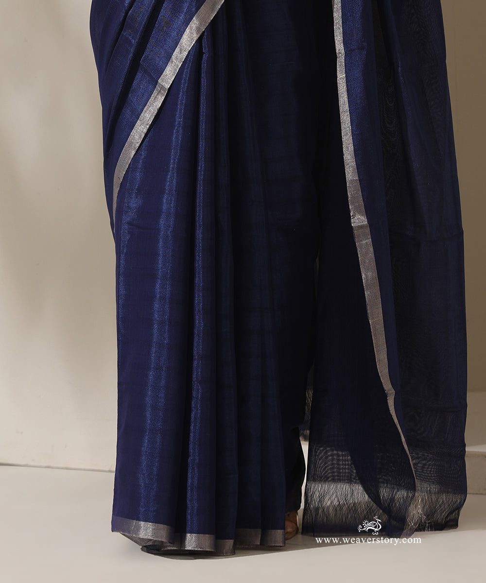Blue_Handloom_Pure_Chanderi_Tissue_Saree_With_Silver_Zari_Border_WeaverStory_04