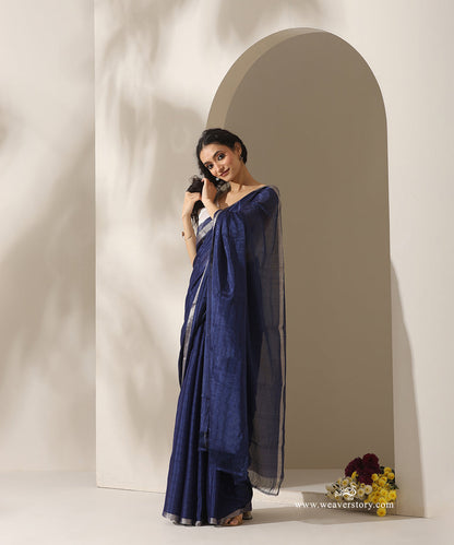 Blue_Handloom_Pure_Chanderi_Tissue_Saree_With_Silver_Zari_Border_WeaverStory_01