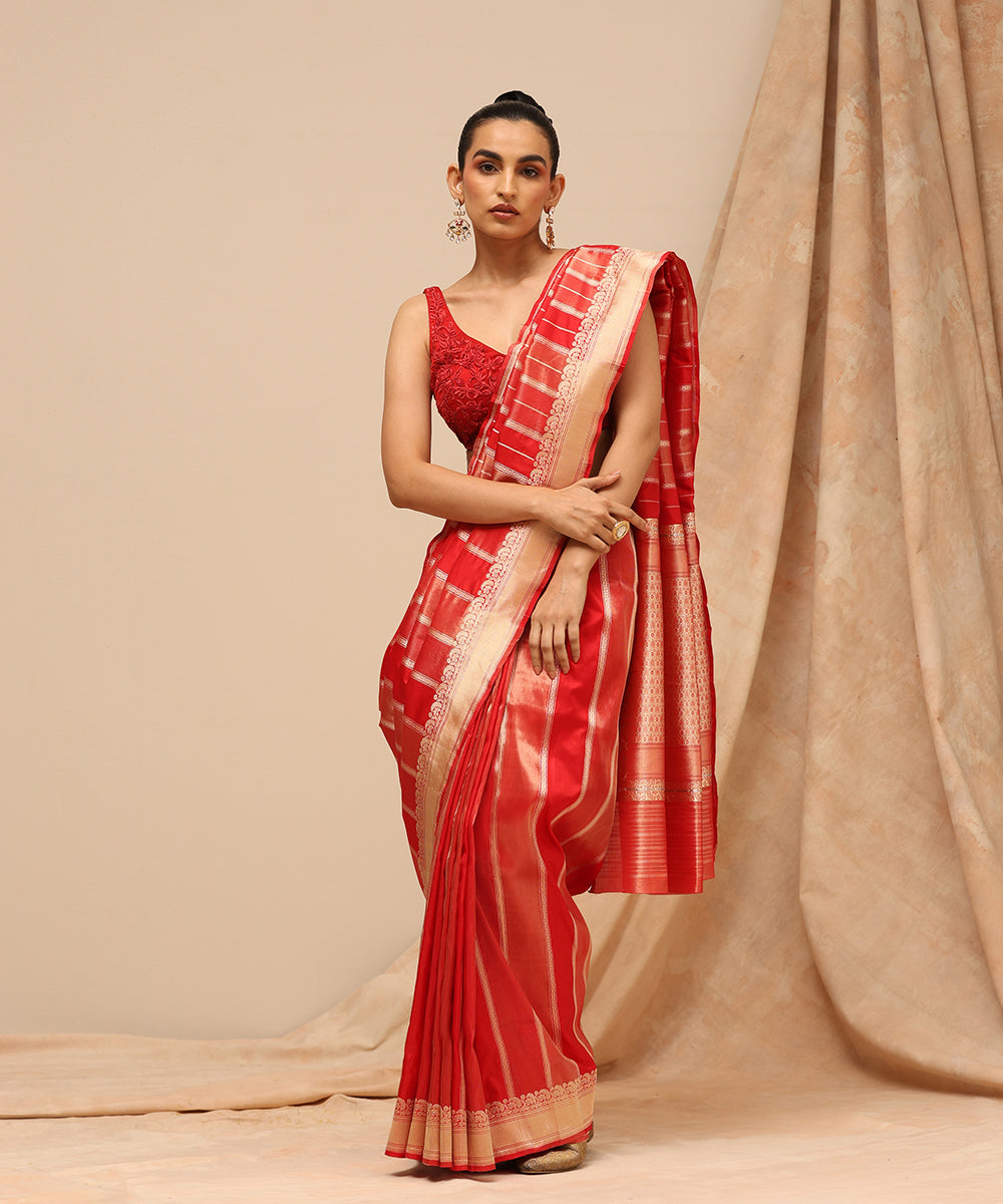 Red_And_Gold_Handloom_Pure_Tissue_Silk_Kadhwa_Banarasi_Saree_With_Stripes_WeaverStory_02