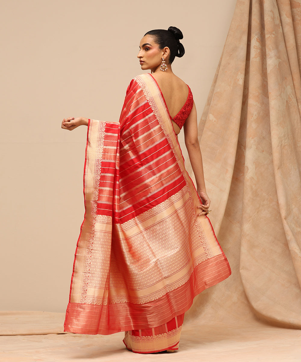 Red_And_Gold_Handloom_Pure_Tissue_Silk_Kadhwa_Banarasi_Saree_With_Stripes_WeaverStory_03