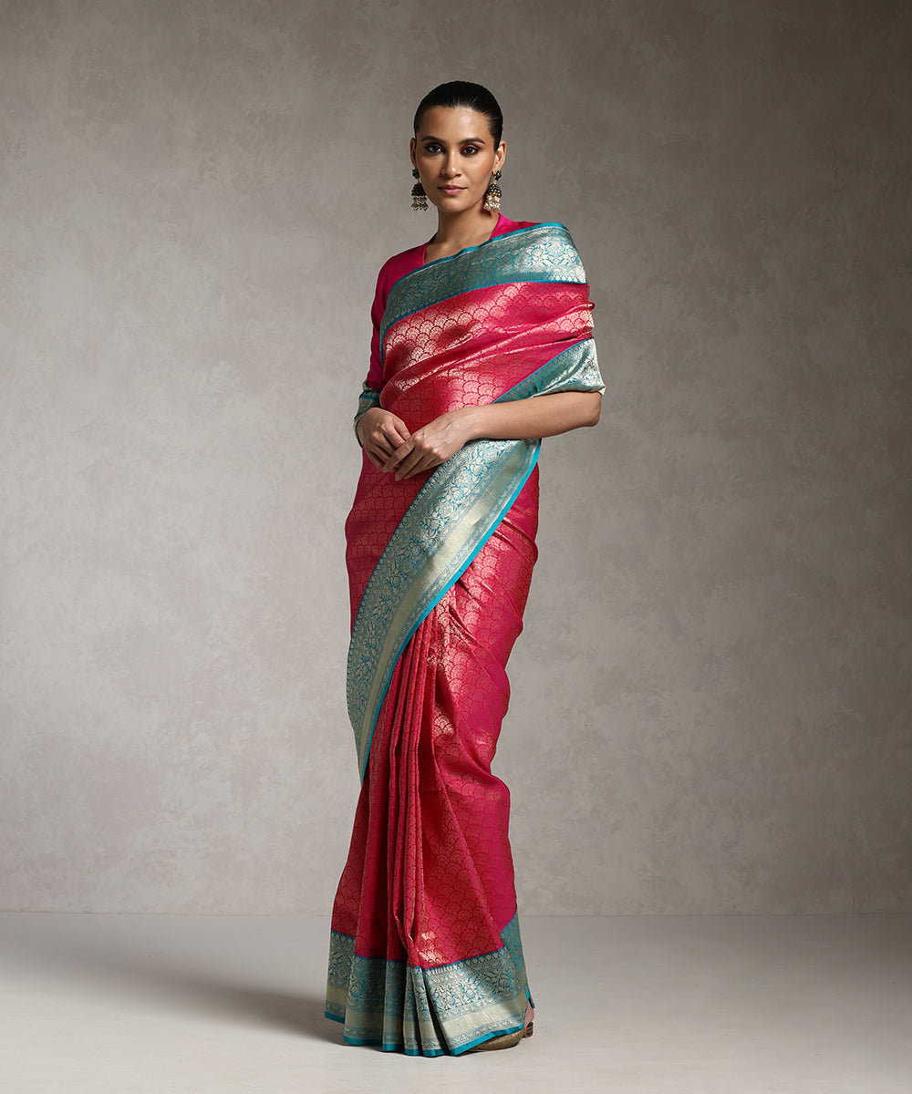 Pink_Handloom_Pure_Katan_Silk_Zari_Wasket_Banarasi_Saree_With_Teal_Kadhiyal_Border_WeaverStory_01