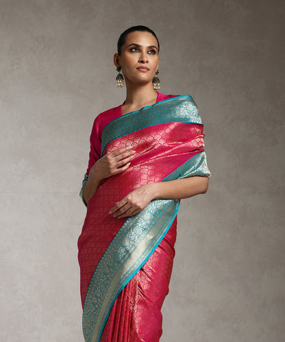 Pink_Handloom_Pure_Katan_Silk_Zari_Wasket_Banarasi_Saree_With_Teal_Kadhiyal_Border_WeaverStory_02