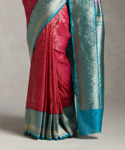 Pink_Handloom_Pure_Katan_Silk_Zari_Wasket_Banarasi_Saree_With_Teal_Kadhiyal_Border_WeaverStory_04