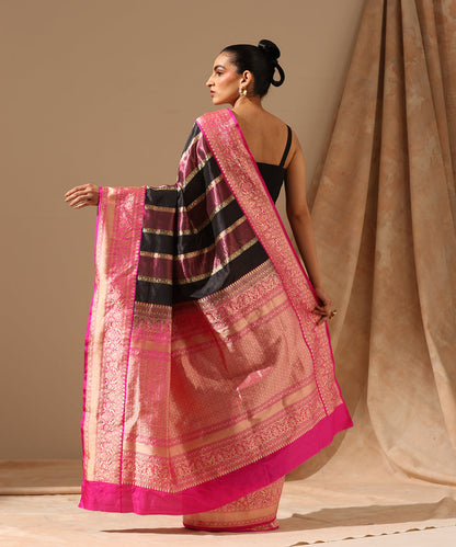 Black_And_Magenta_Handloom_Pure_Tissue_Silk_Banarasi_Saree_With_Pink_Kadhiyal_Border_WeaverStory_03