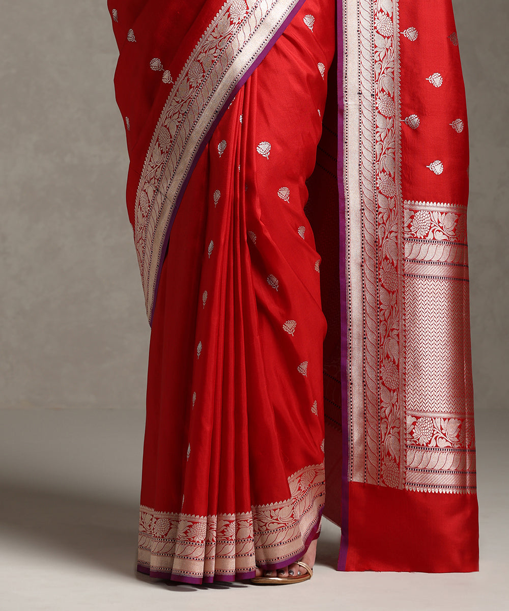 Red_Handloom_Pure_Katan_Silk_Banarasi_Saree_With_Kadhwa_Sona_Rupa_Zari_Booti_WeaverStory_04