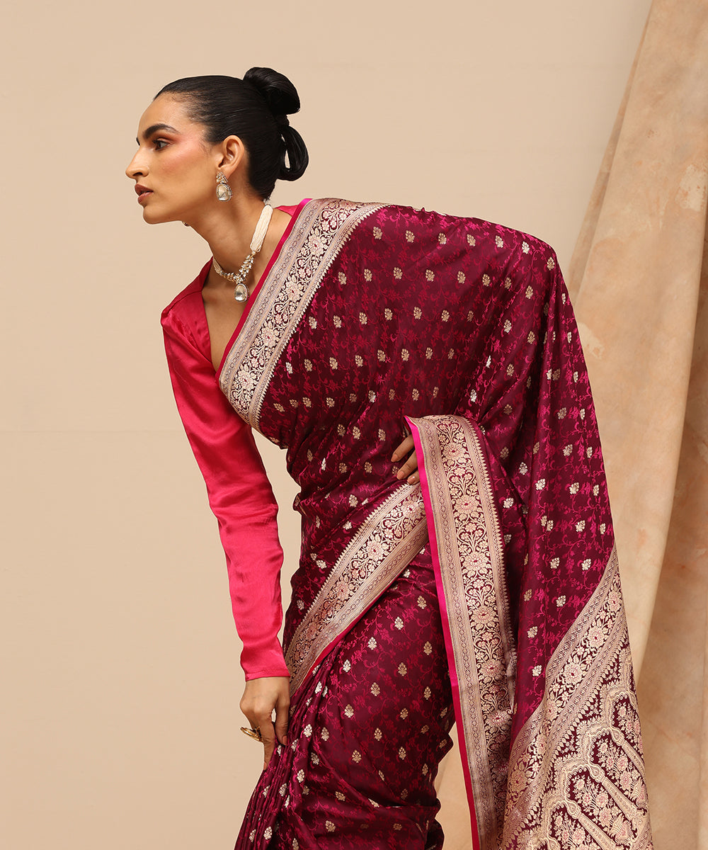 Wine_And_Magenta_Pure_Satin_Silk_Tanchoi_Banarasi_Saree_With_Zari_Booti_And_Border_WeaverStory_01