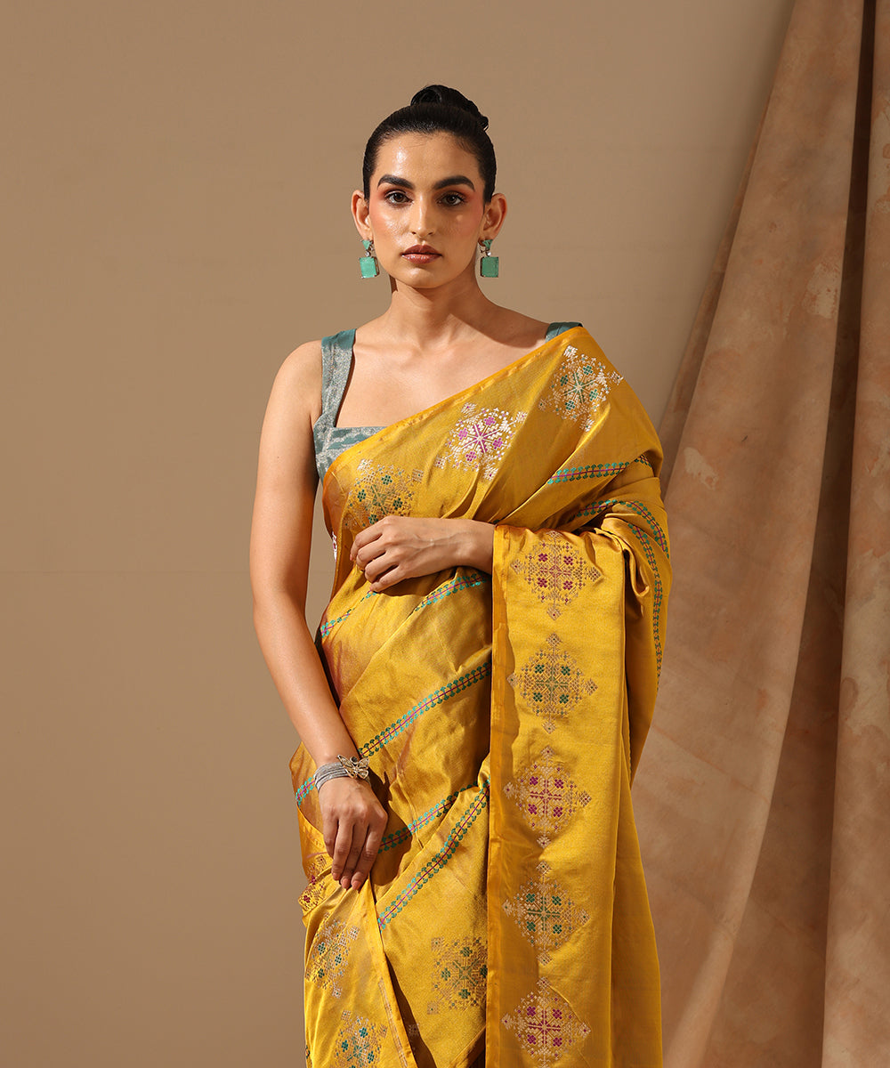 Mustard Handloom Pure Satin Silk Tanchoi Banarasi Saree With Stripes And Contemporary Motifs On Border