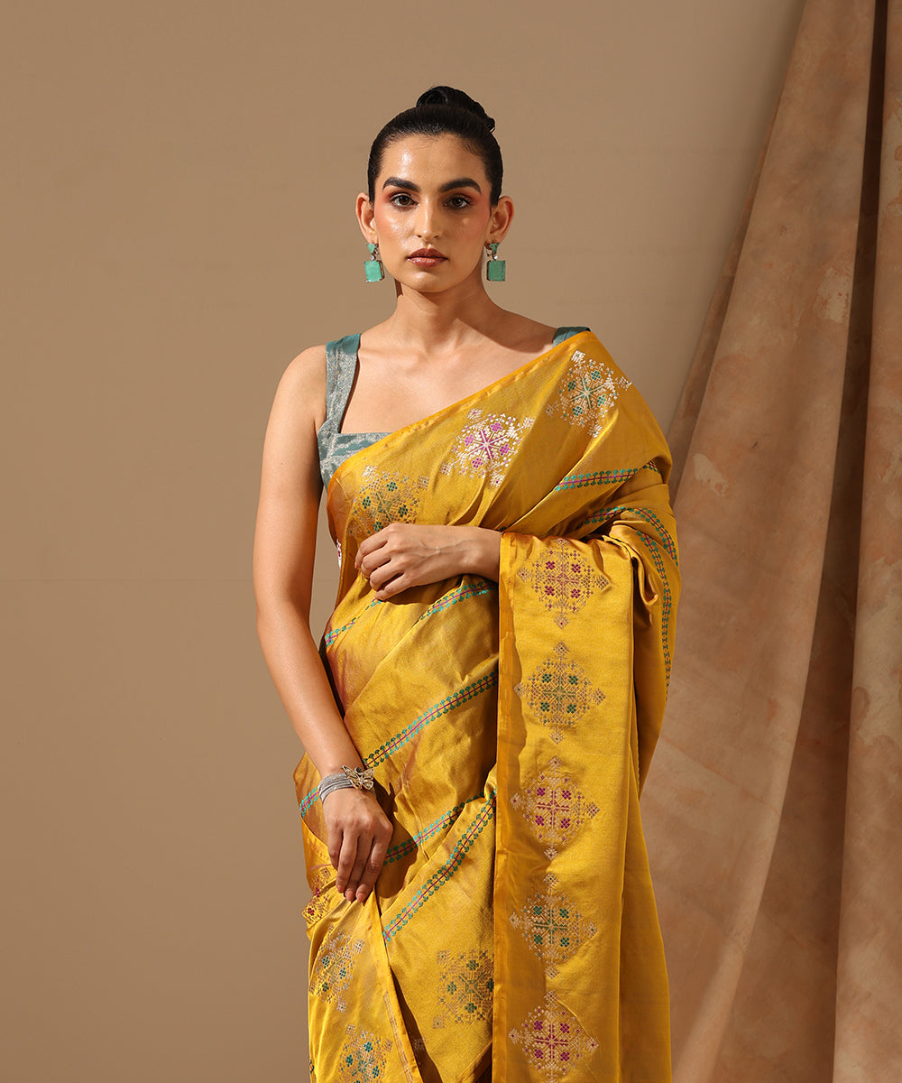 Mustard Handloom Pure Satin Silk Tanchoi Banarasi Saree With Stripes And Contemporary Motifs On