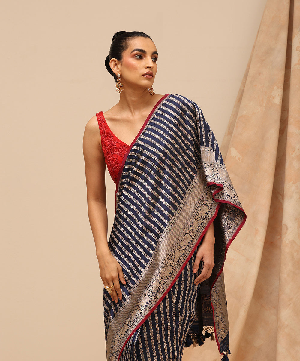 Blue_Handloom_Pure_Satin_Silk_Banarasi_Saree_With_Vertical_Zari_Stripes_And_Shikargah_Border_WeaverStory_01