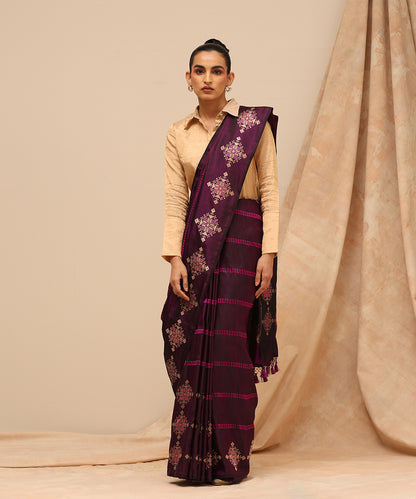 Purple Handloom Pure Katan Silk Zari Tanchoi Banarasi Saree With Contemporary Design