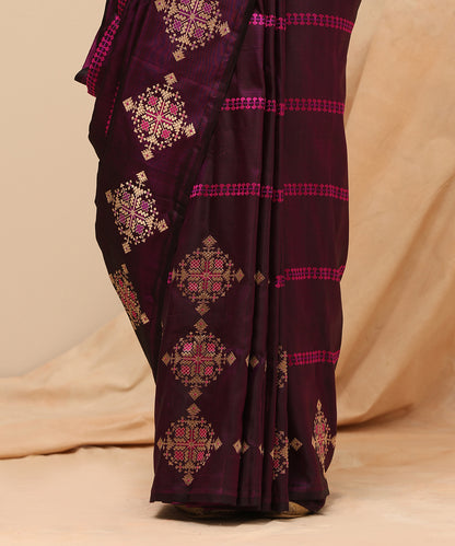 Purple Handloom Pure Katan Silk Zari Tanchoi Banarasi Saree With Contemporary Design