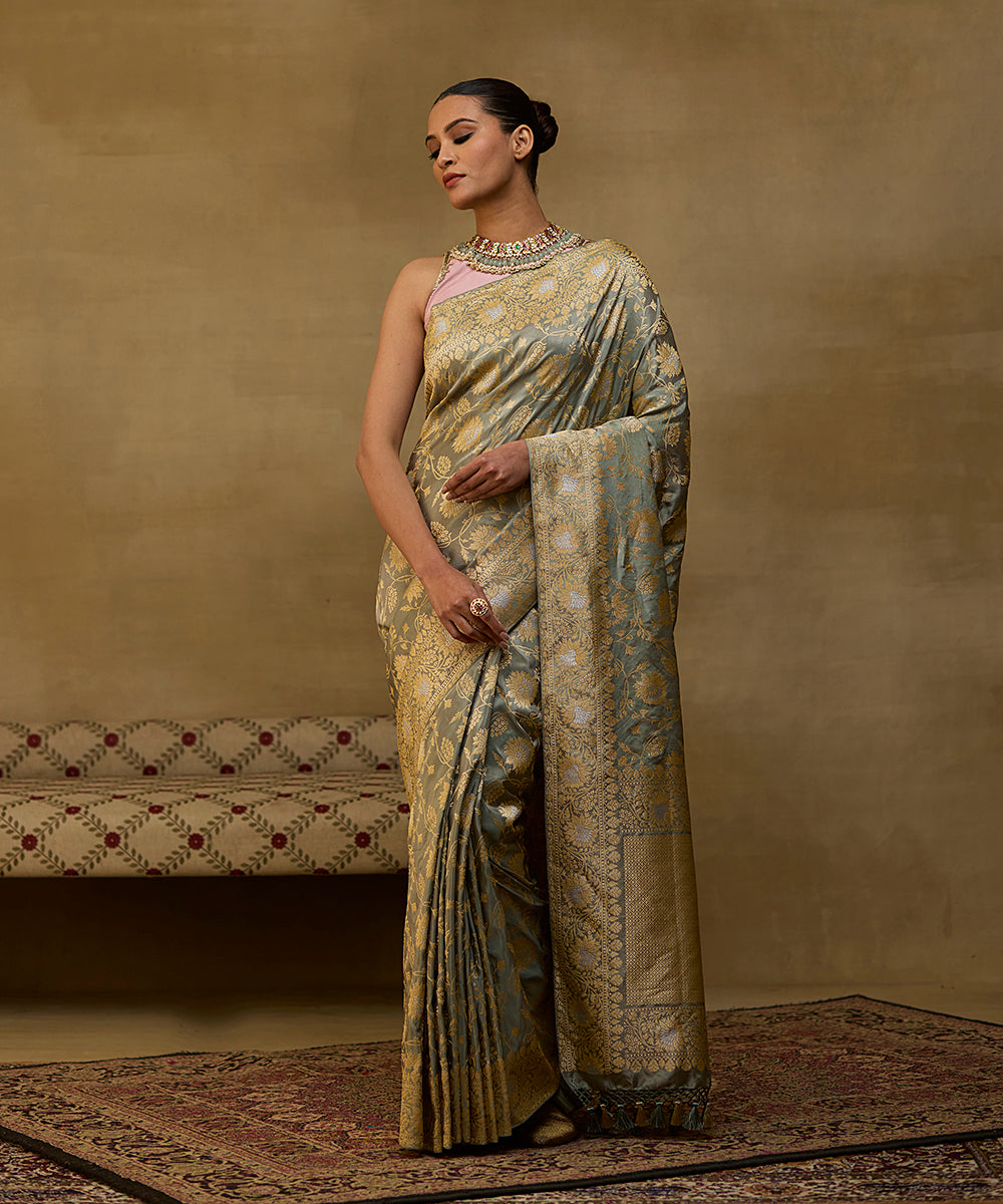 Pista Green And Gold Handloom Tissue Silk Banarasi Jangla Saree