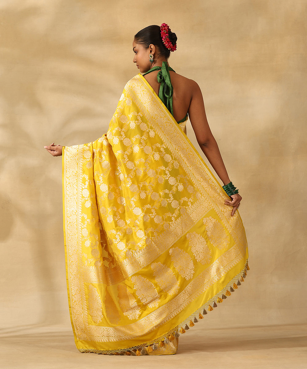 Lime Green Pure Katan Silk Handloom Banarasi Saree With Champagne Gold Zari Cutwork Floral Jaal