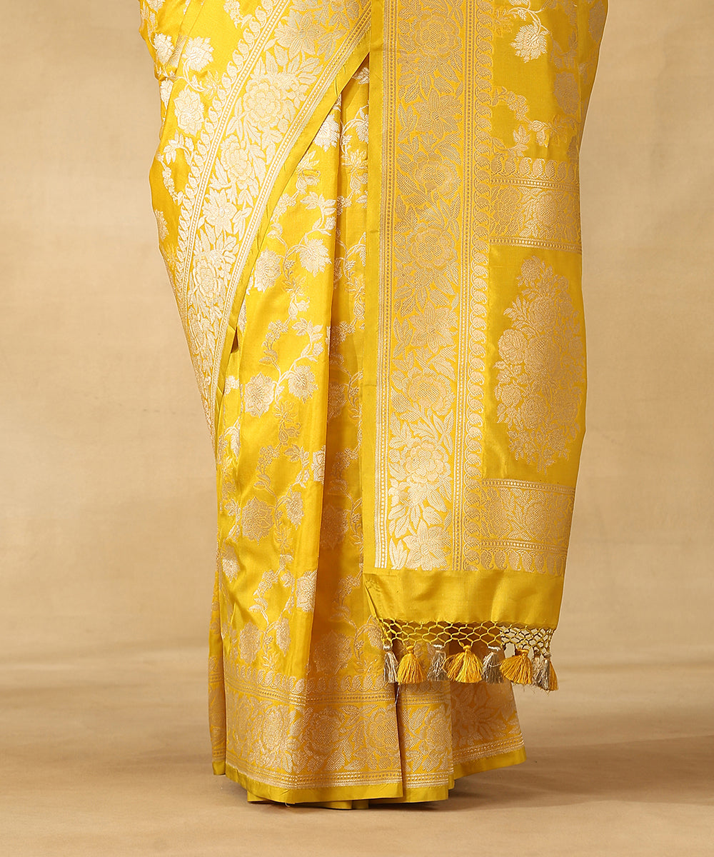 Lime Green Pure Katan Silk Handloom Banarasi Saree With Champagne Gold Zari Cutwork Floral Jaal
