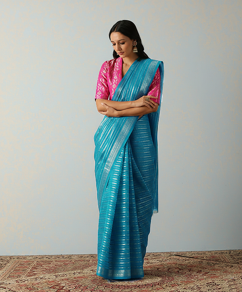 Handloom Firozi Kora Silk Banarasi Saree With Horizontal Stripes