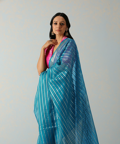 Handloom Firozi Kora Silk Banarasi Saree With Horizontal Stripes
