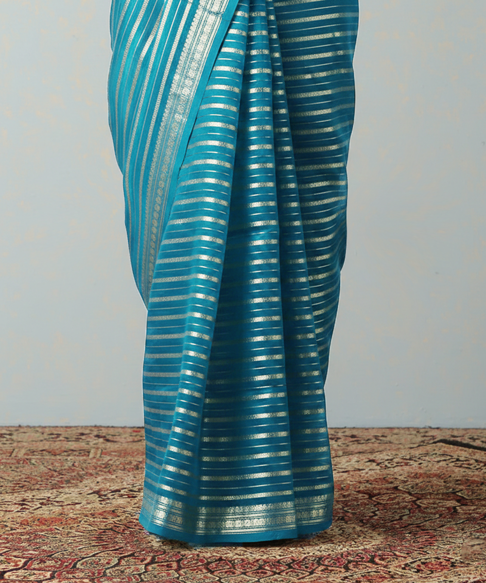 Handloom Firozi Kora Silk Banarasi Saree With Horizontal Stripes