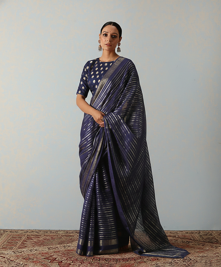 Handloom Dark Blue Katan Silk Banarasi Saree With Horizontal Stripes