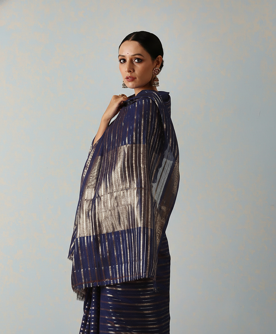 Handloom Dark Blue Katan Silk Banarasi Saree With Horizontal Stripes
