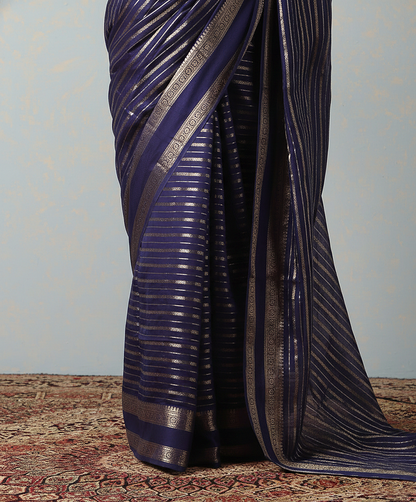 Handloom Dark Blue Katan Silk Banarasi Saree With Horizontal Stripes
