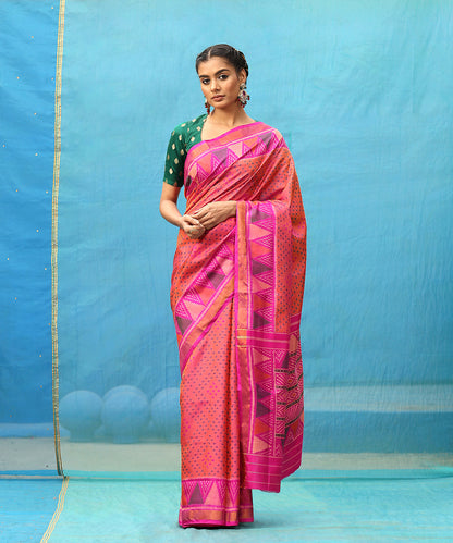 Peach And Red Handloom Pure Mulberry Silk Ikat Patola Saree With Tissue Border