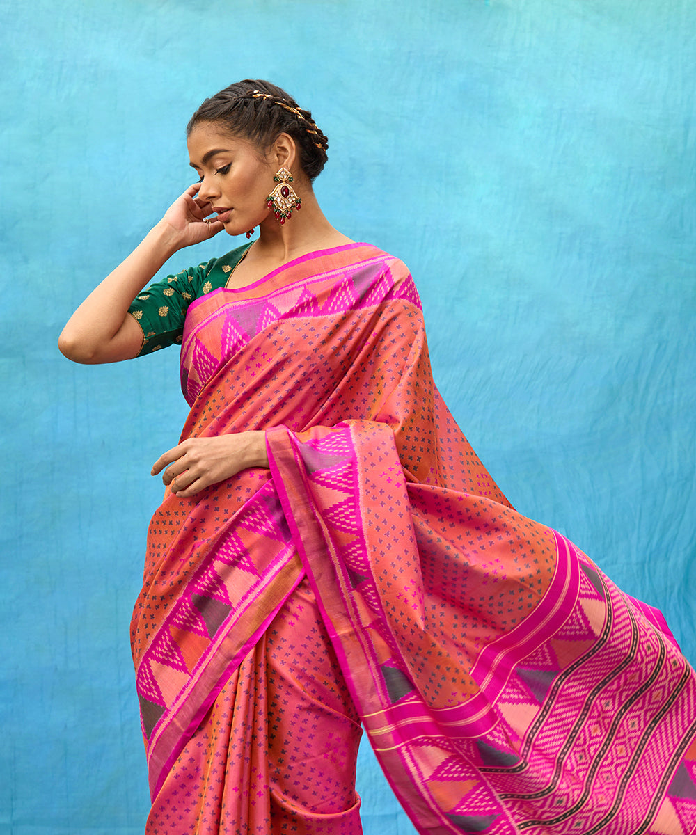 Peach And Red Handloom Pure Mulberry Silk Ikat Patola Saree With Tissue Border