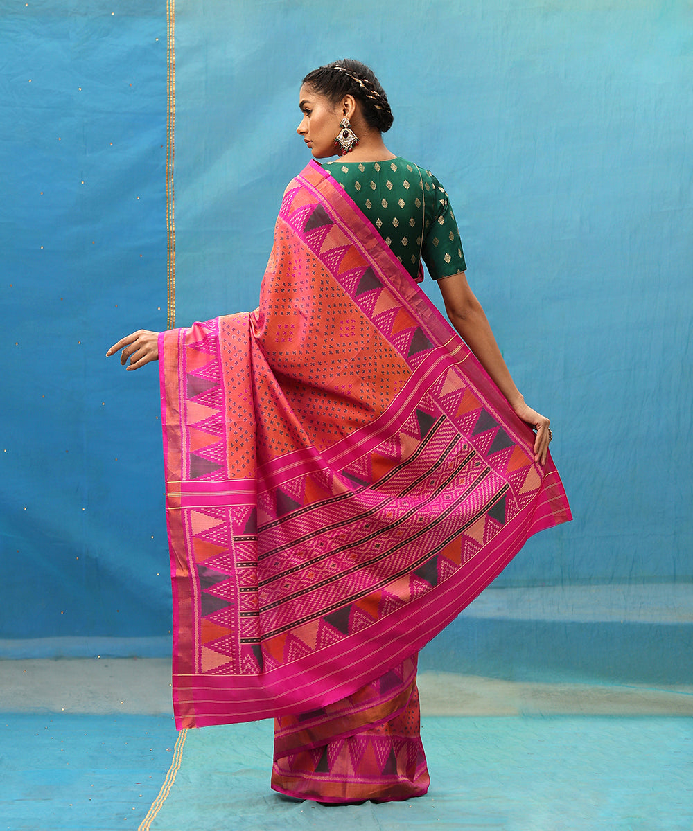 Peach And Red Handloom Pure Mulberry Silk Ikat Patola Saree With Tissue Border