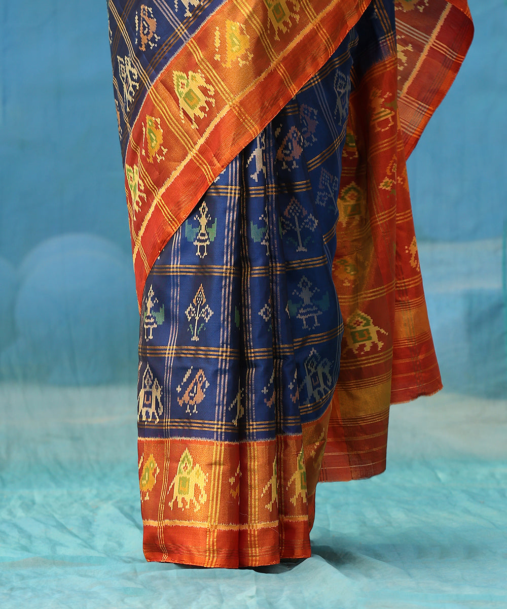 Blue_And_Rust_Handloom_Pure_Mulberry_Silk_Ikat_Patola_Saree_With_Checks_WeaverStory_04
