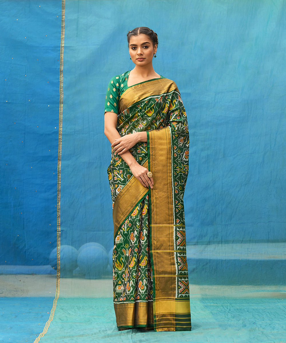 Handloom_Green_Pure_Mulberry_Silk_Ikat_Patola_Saree_With_Tissue_In_Border_WeaverStory_01