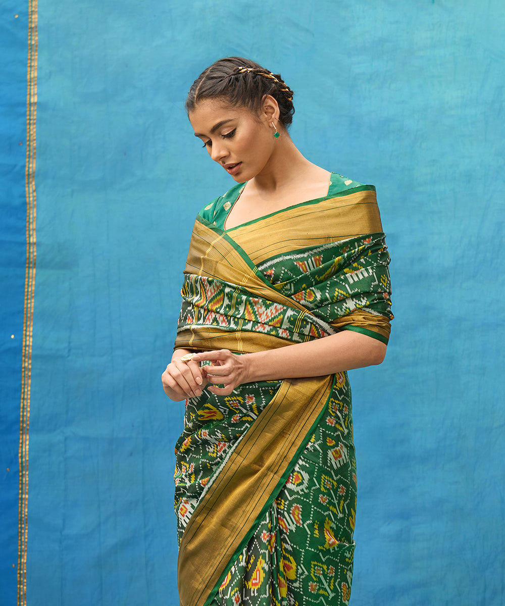 Handloom_Green_Pure_Mulberry_Silk_Ikat_Patola_Saree_With_Tissue_In_Border_WeaverStory_02